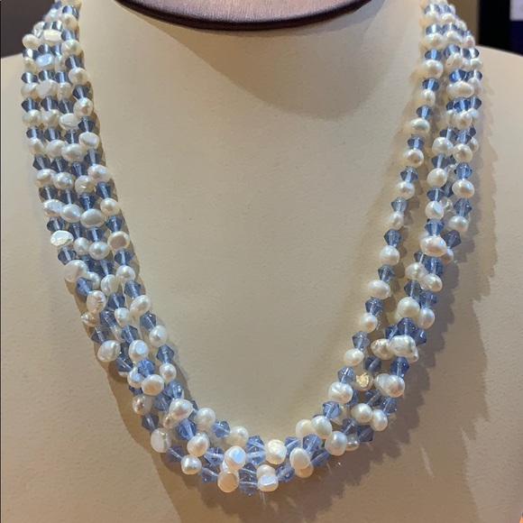 Freshwater Pearl and Blue Bead Necklace, 18” - Picture 7 of 7
